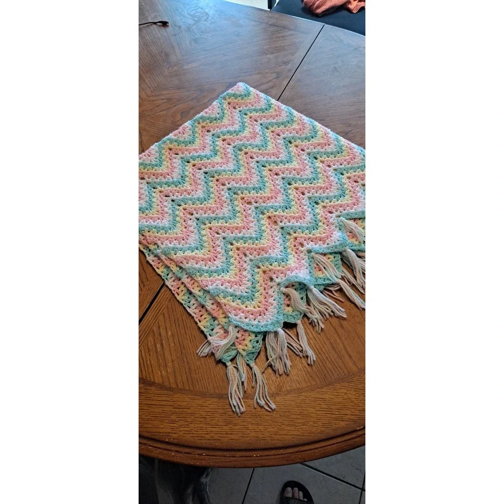 Hand Made Crocheted Baby Blanket 50+ Years Old 37x37 With Fringe